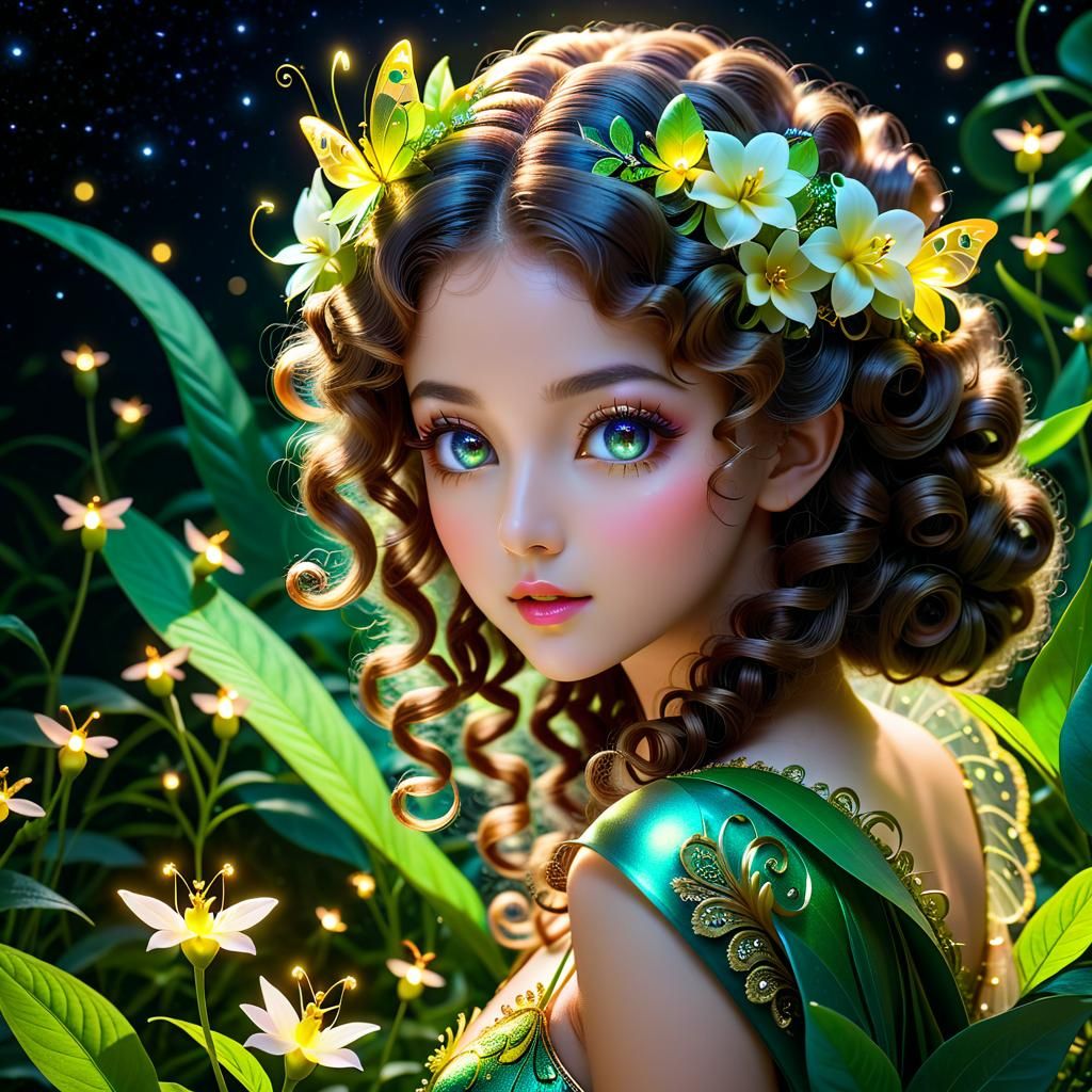 Elaborate Flower Nymph with Firefly Eyes