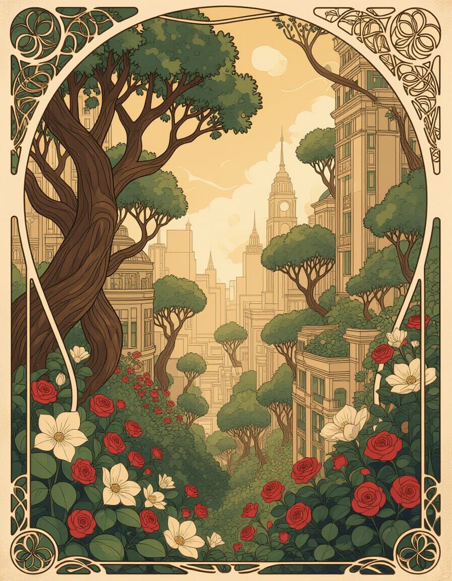 Surreal Cityscape of Nature and Architecture in Art Nouveau ...