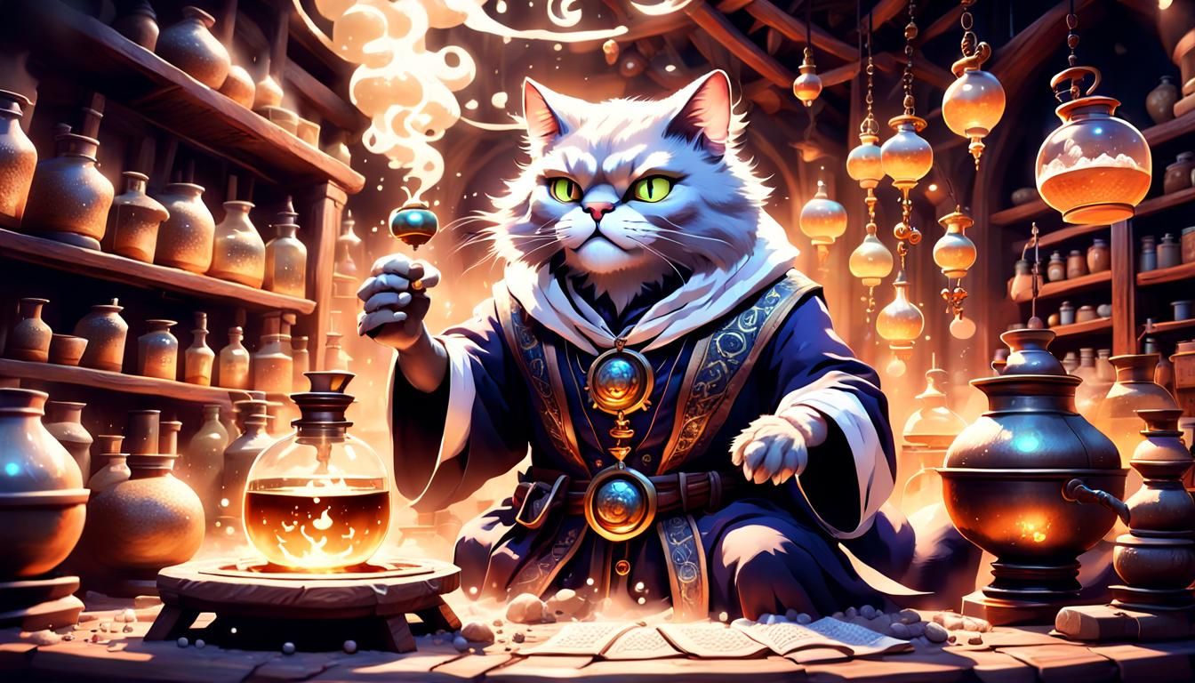 an anthropomorphic male persian sand coloured cat travelling merchant alchemist conjuring elemental spirits in a moonlit...