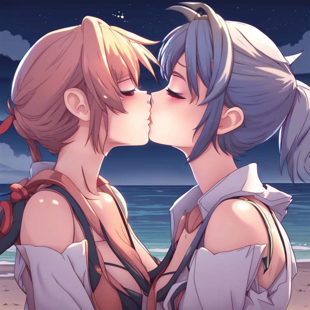 Anime Gamer Girls' Beach Kiss in Moonlight