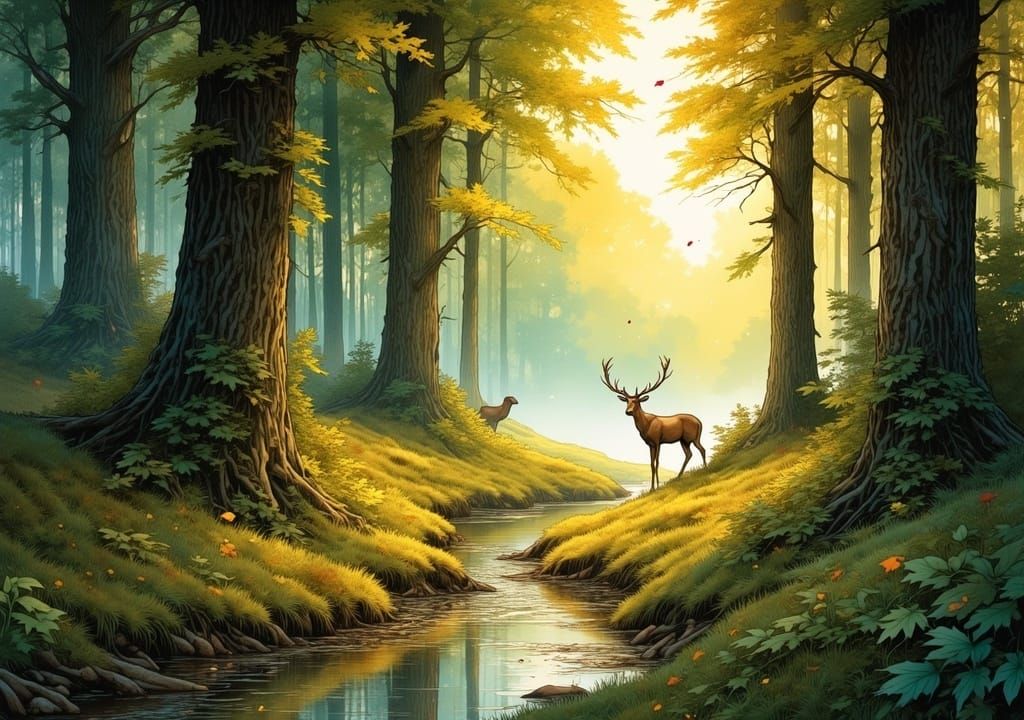 Serene Forest Scene at Dawn: A Naturalistic Masterpiece