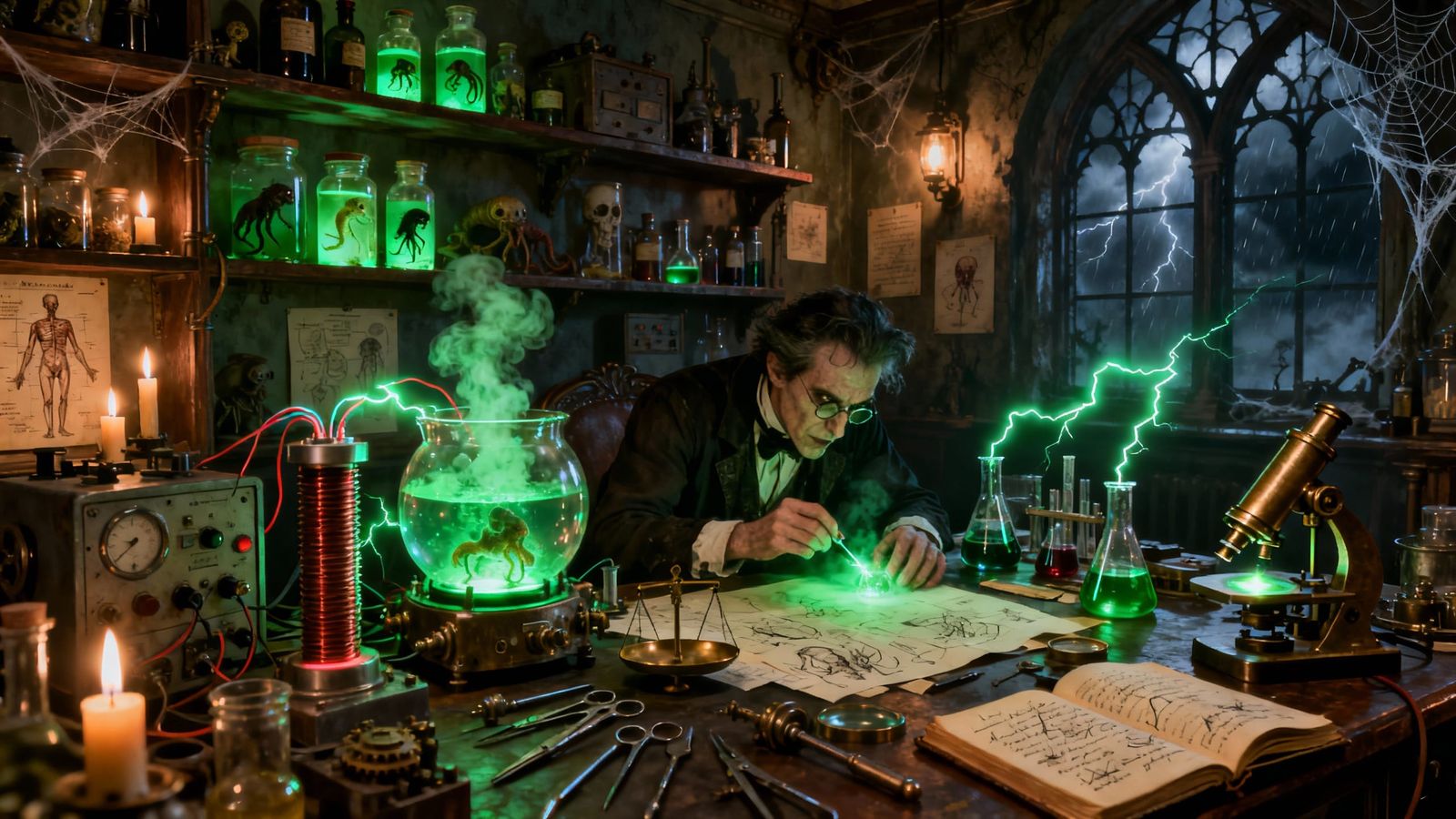 Victorian Laboratory with Eerie Green Glow and Mad Scientist