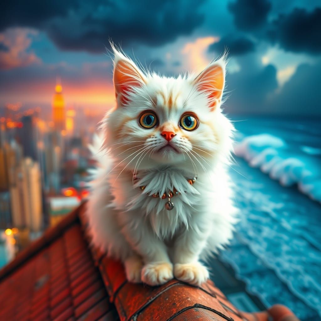 Fluffy Persian Cat in Stormy Cityscape