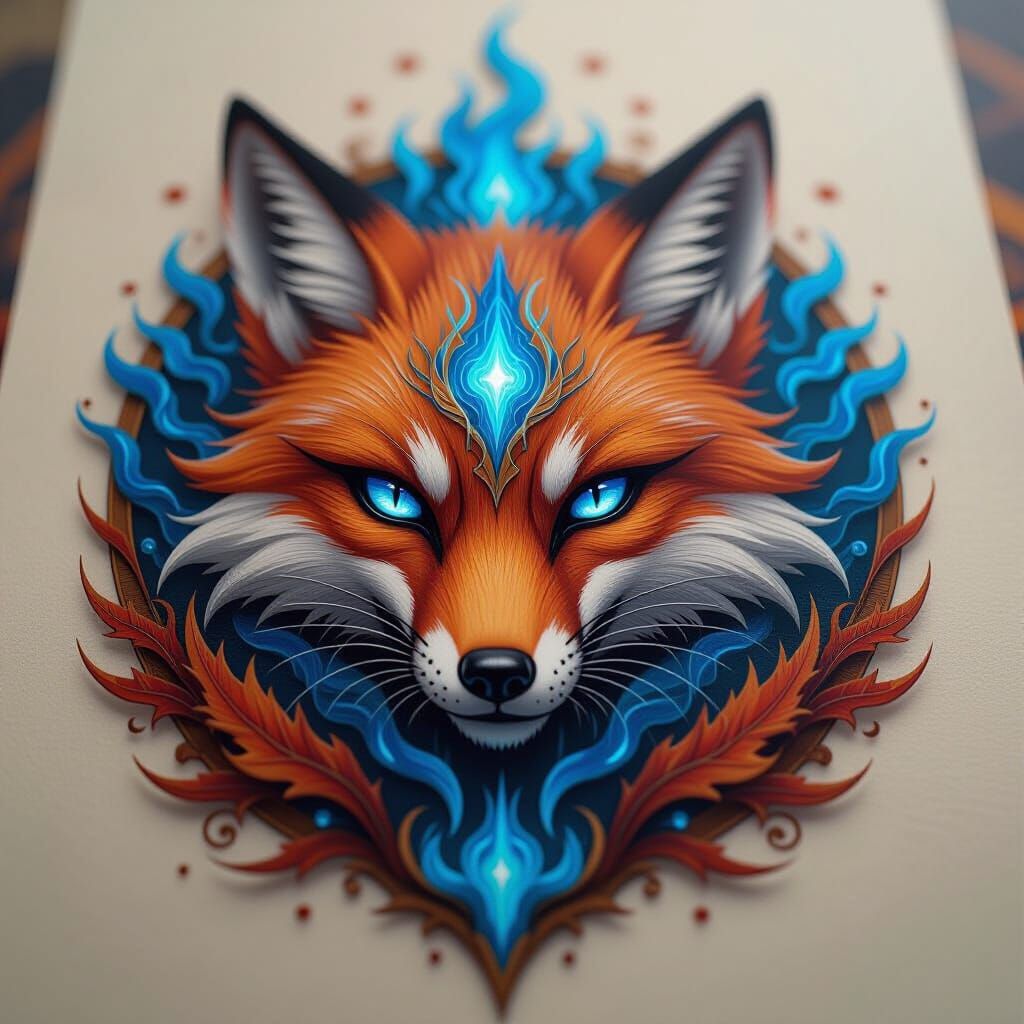 Kitsune Nine-Tails Tattoo in Biomechanical Style