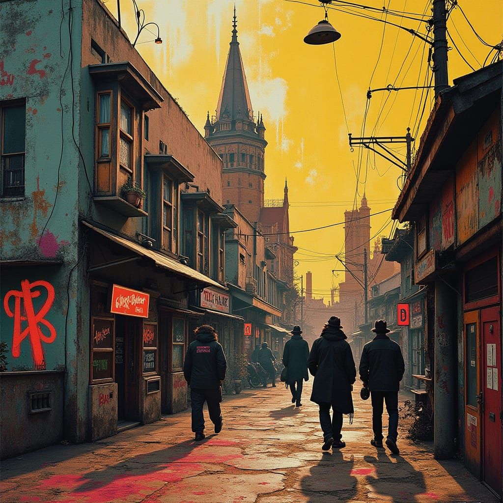 Gritty Urban Surrealism in Banksy-Inspired Panorama