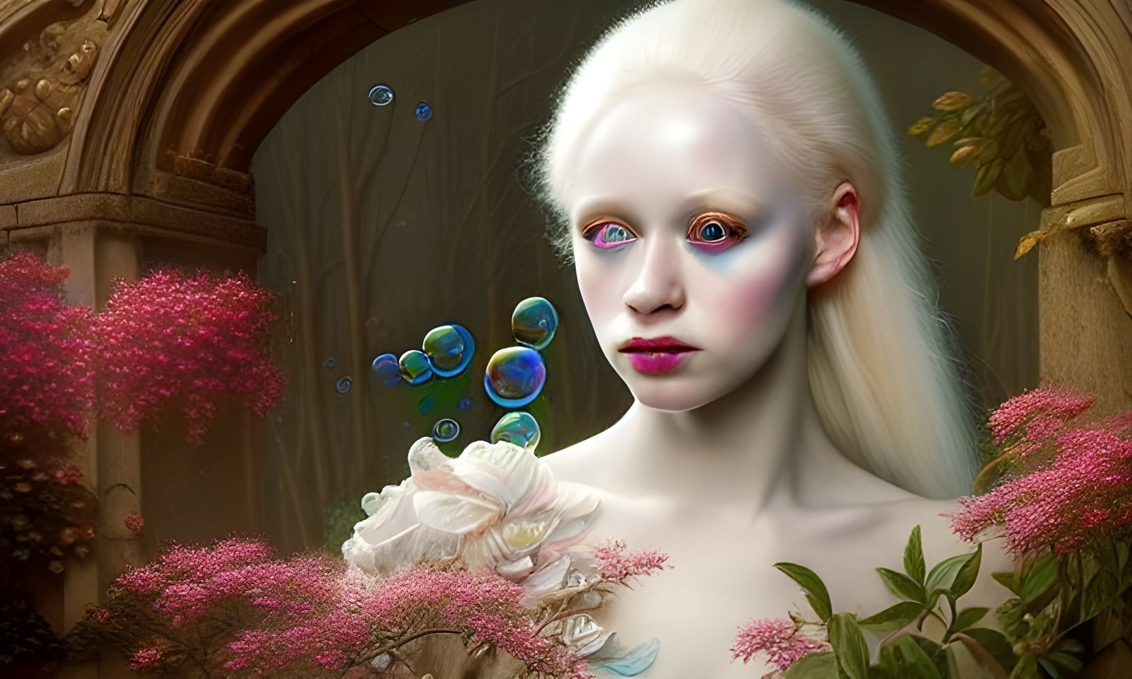 Albino Beauty Surrounded by Bubbles in Hyperrealism