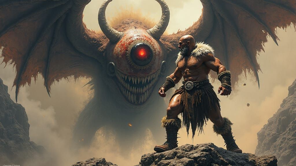 Muscled Barbarian Warrior Faces Off Against Twisted, Demonic...