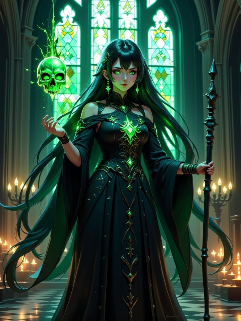 Anime Sorceress in Gothic Cathedral with Crystal Skull