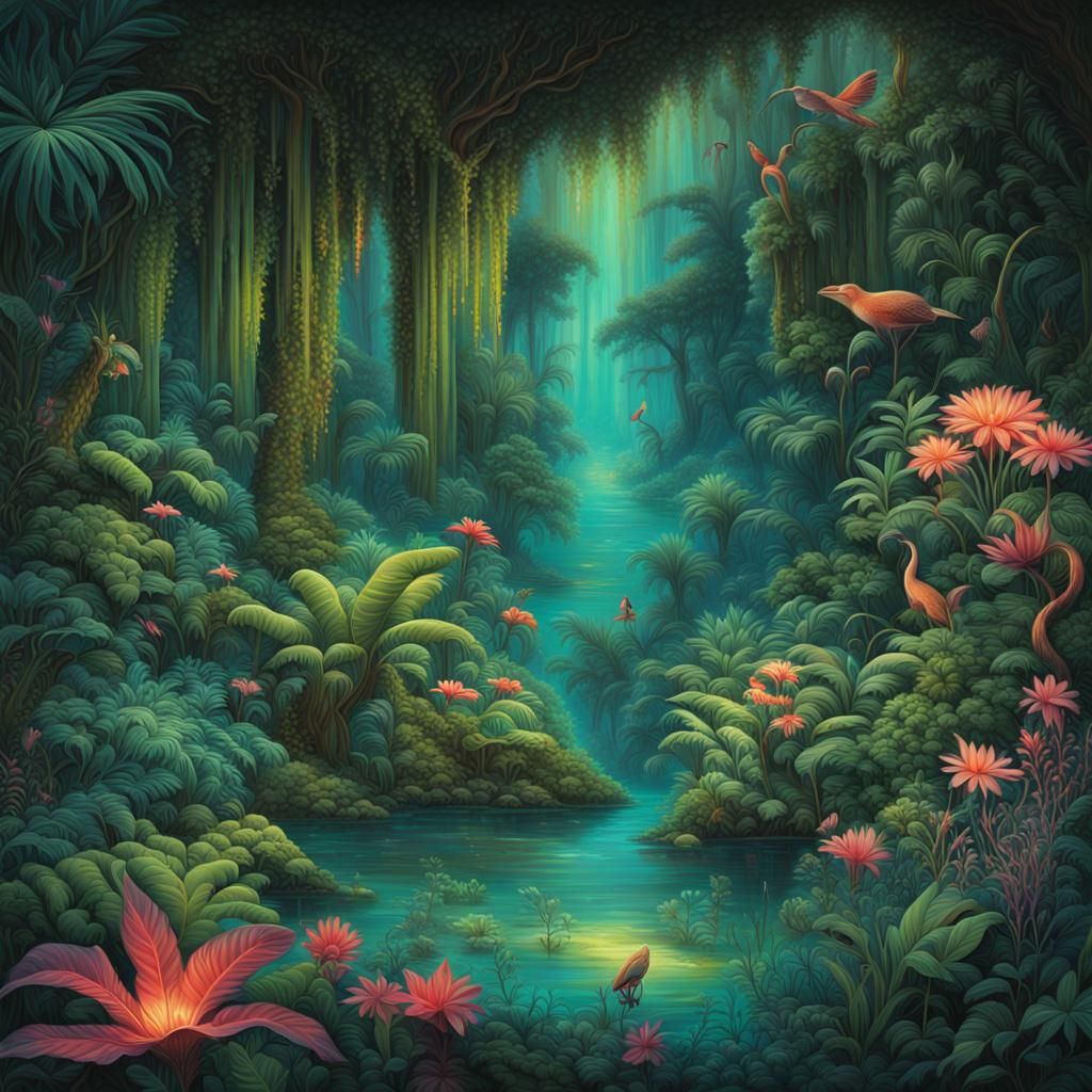 enchanted rainforest, bathed in the ethereal glow of bioluminescent flora and fauna.