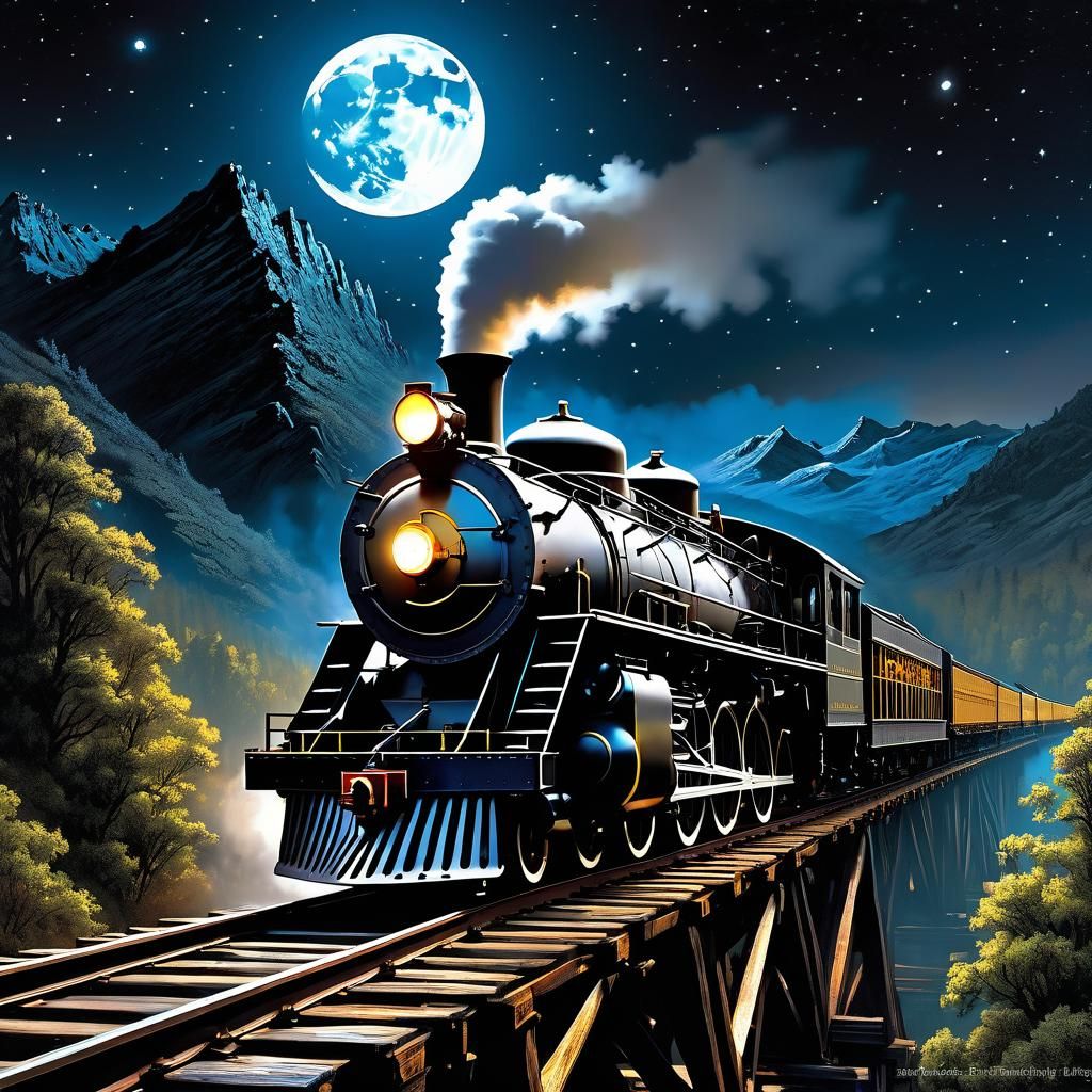 Steam Locomotive at Night in Digital Baroque Style