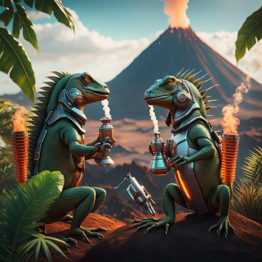 Futuristic Iguanas Smoking Near Volcano in Sci-Fi Style
