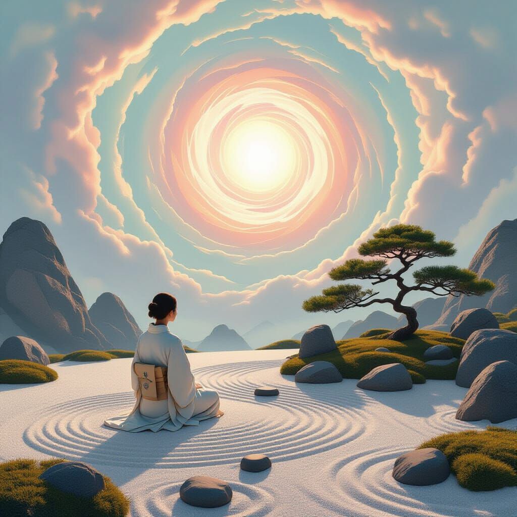 Alien Zen Garden with Bonsai Tree and Swirling Sky