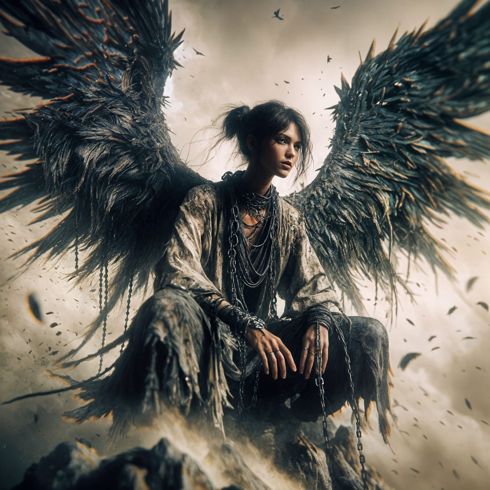 Fallen Angel with Black Wings in Apocalyptic Setting