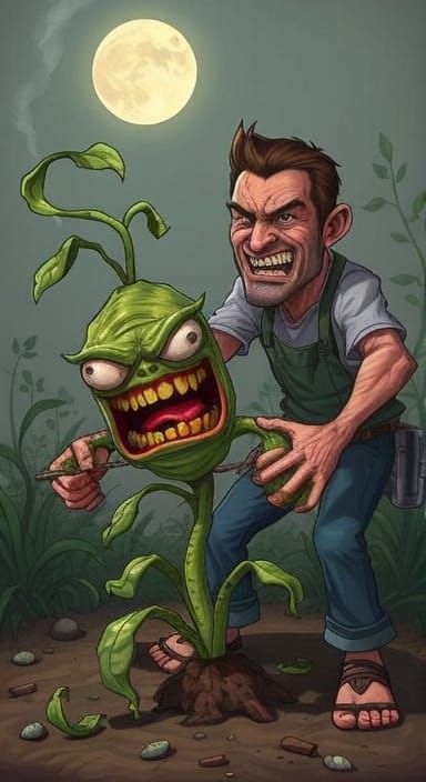 Angry Weed and Gardener Caricature in Comic Style