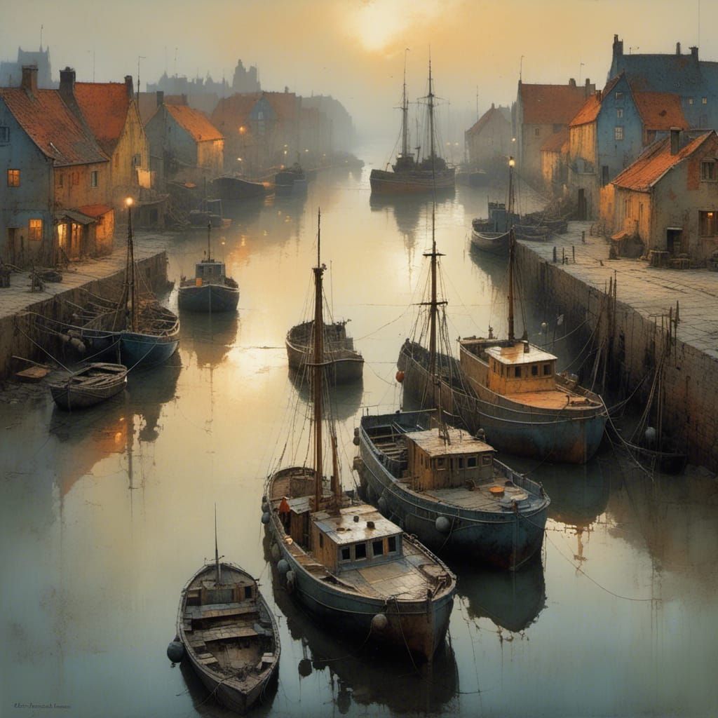 Danish Harbor in Evening Light, Watercolor Painting