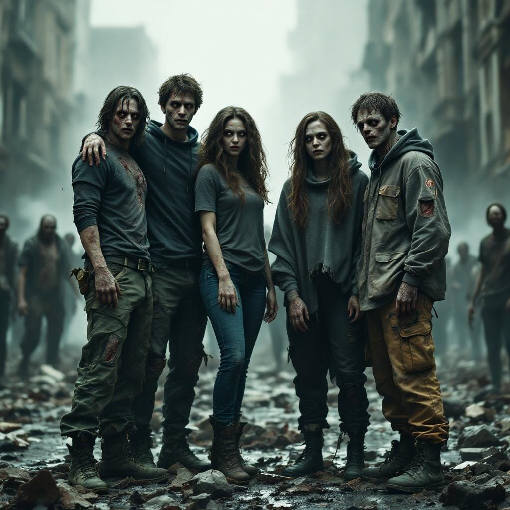 Zombies in Ruined City in Dark Romanticism Style
