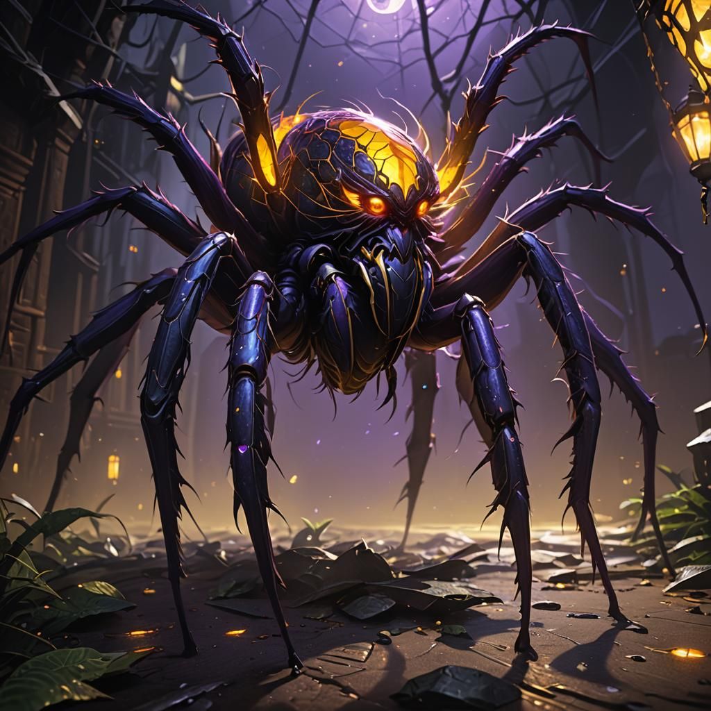 Majestic Dark Fantasy Spider Emerges from Shadows