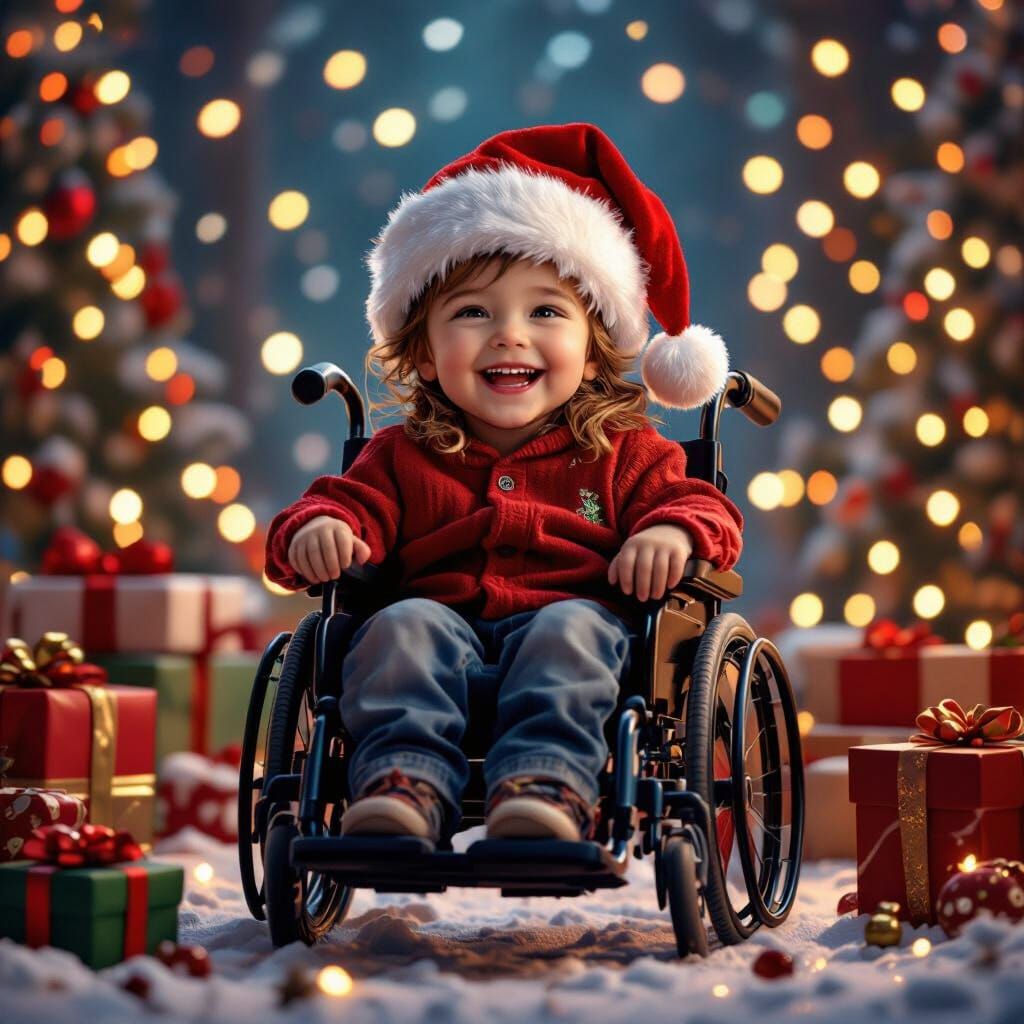Joyful Child in Wheelchair Celebrating Christmas with Gifts