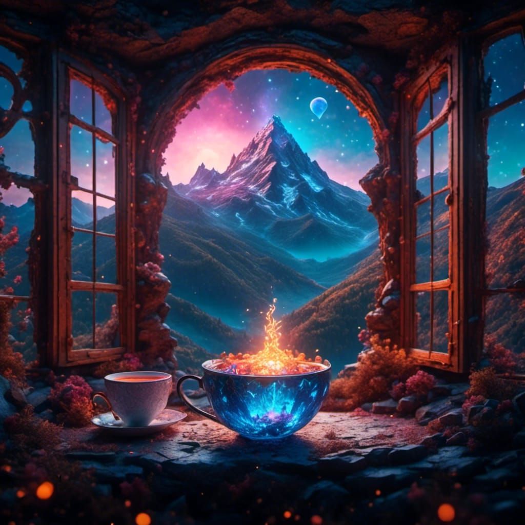 Apartment Window Cup Holds 3D Art Mountain