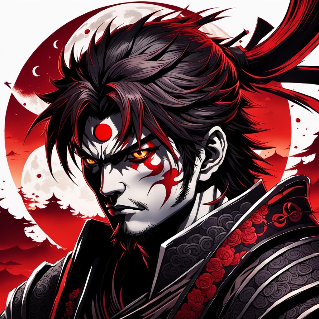 Gothic Anime Samurai with Crimson Moon Sticker