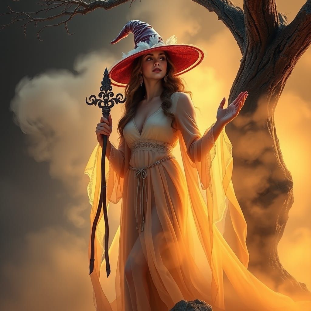 Enchanting Witch Emerges from Mystical Mist
