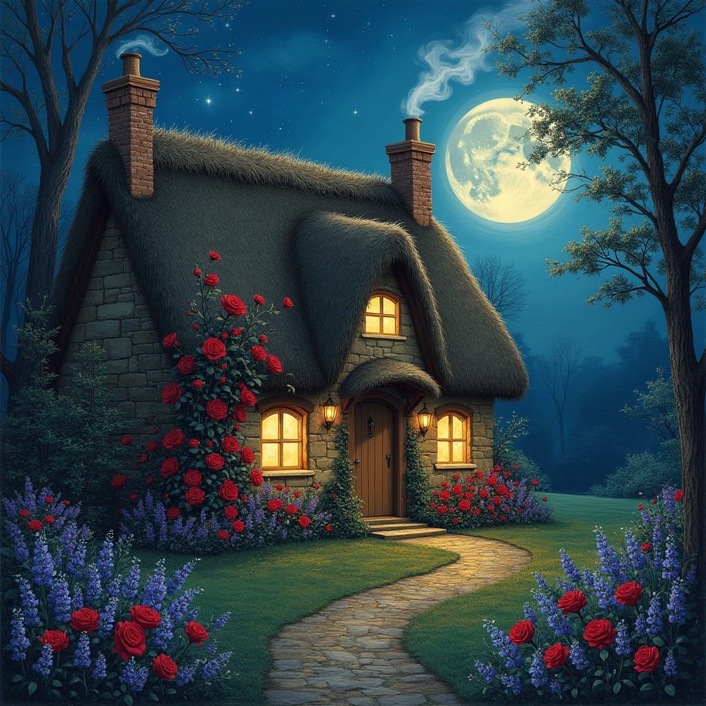 Romantic Bluebell Wood Cottage at Night with Roses and Stars