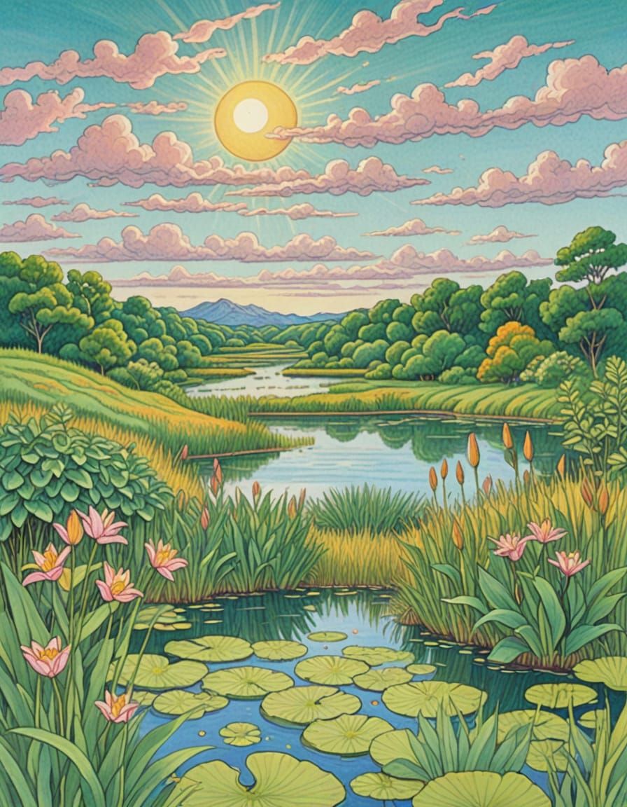 Colored Pencil Sketch of a Green Landscape