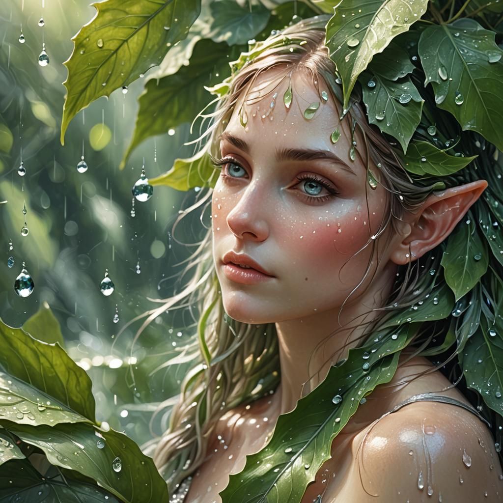Elf Bathing Under Leaf: Ethereal Fantasy Art