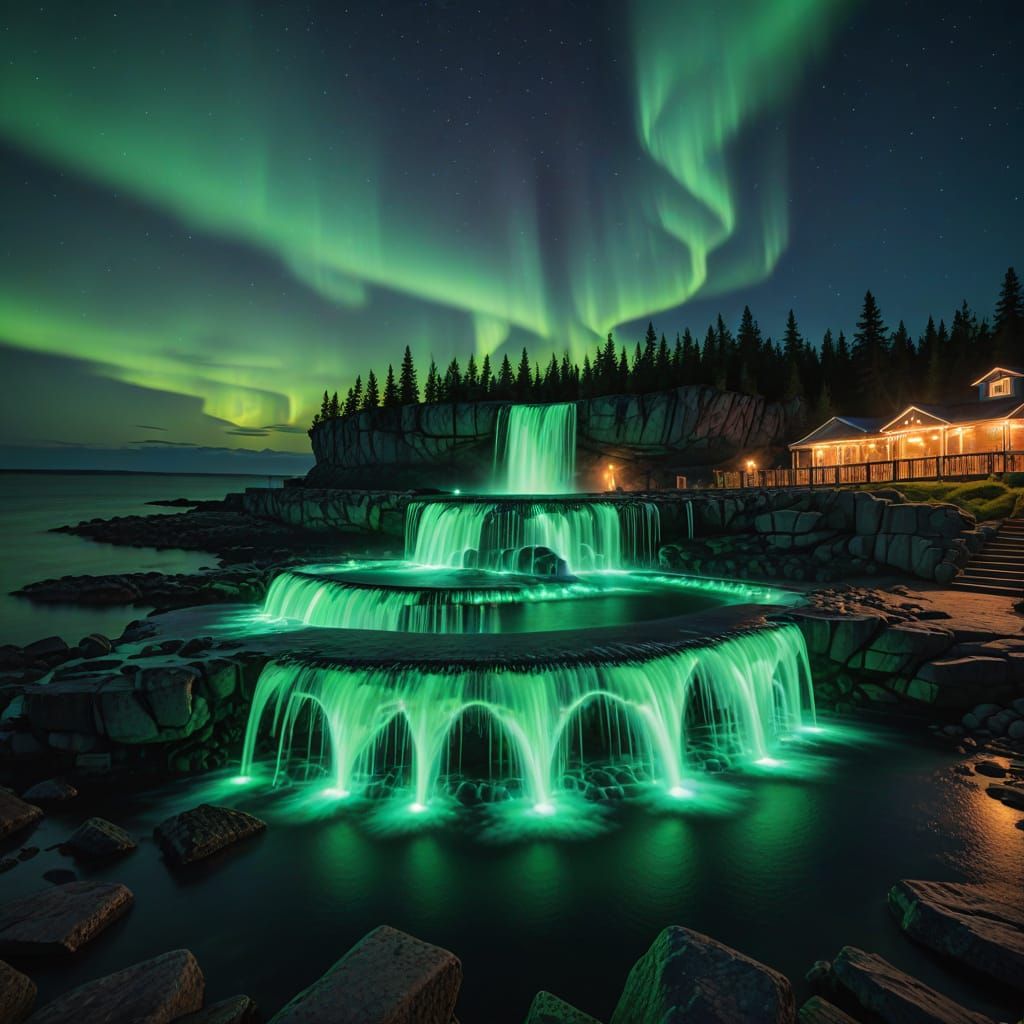 Neon Fountain Under Aurora Borealis: Summer Night Magic