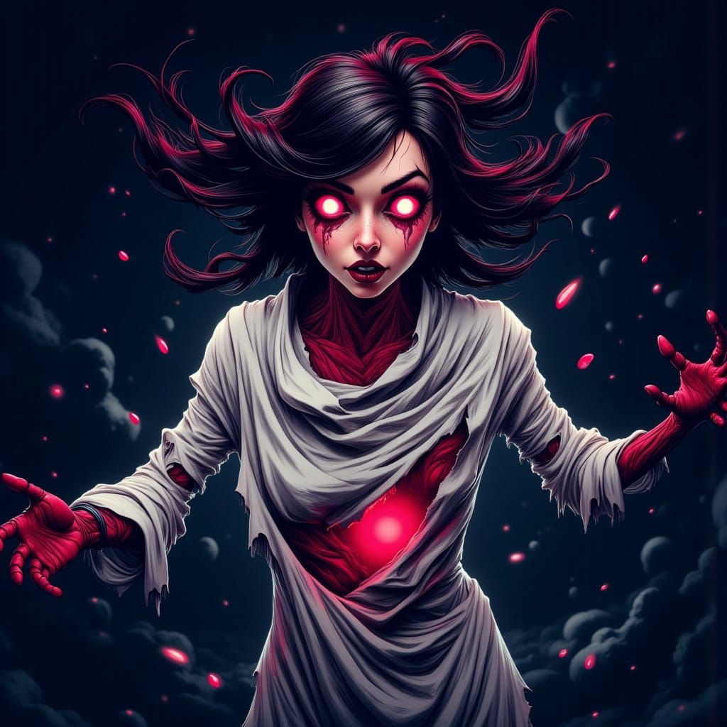 Woman in Space with Red Glow, Comic Book Style