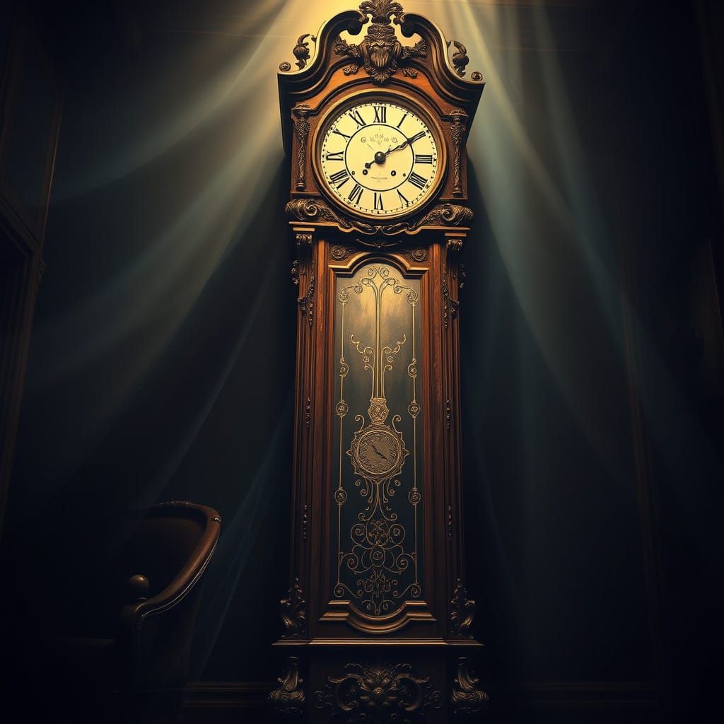 Elegant Victorian-Style Grandfather Clock in a Faded, Dusty....
