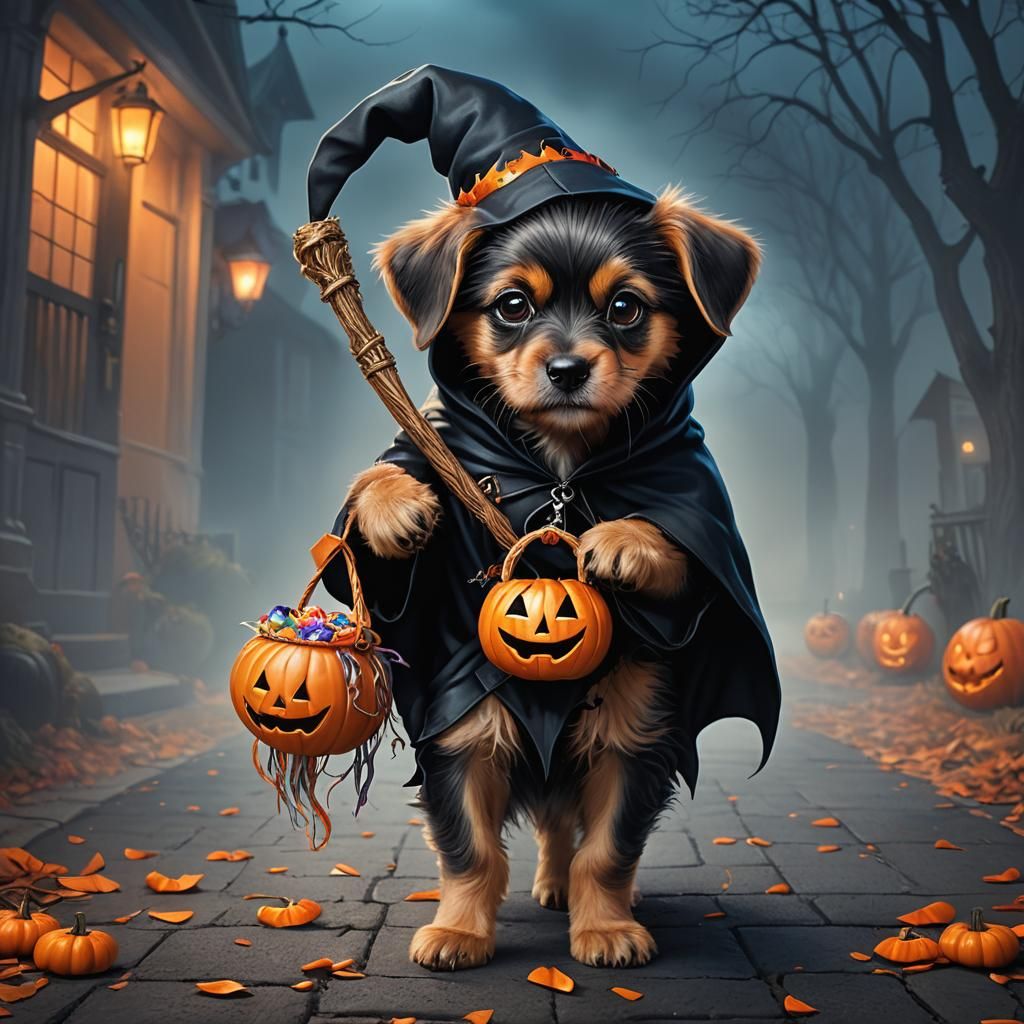 Puppy Grim Reaper with Halloween Candy, Digital Art