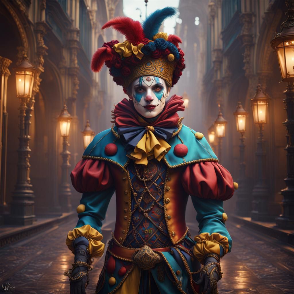 Detailed Matte Painting of Arlecchino in Deep Color