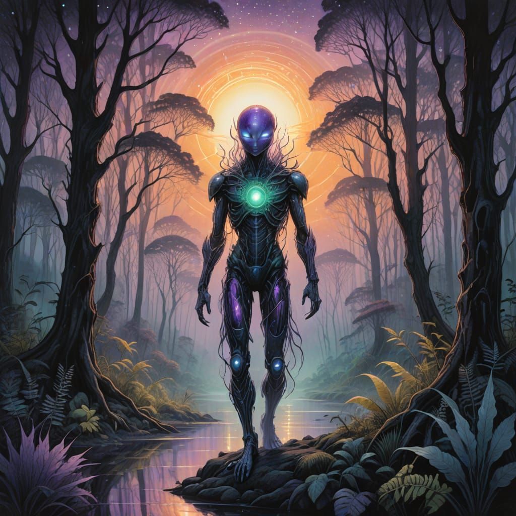 Ethereal Being in Luminous, Iridescent Forest