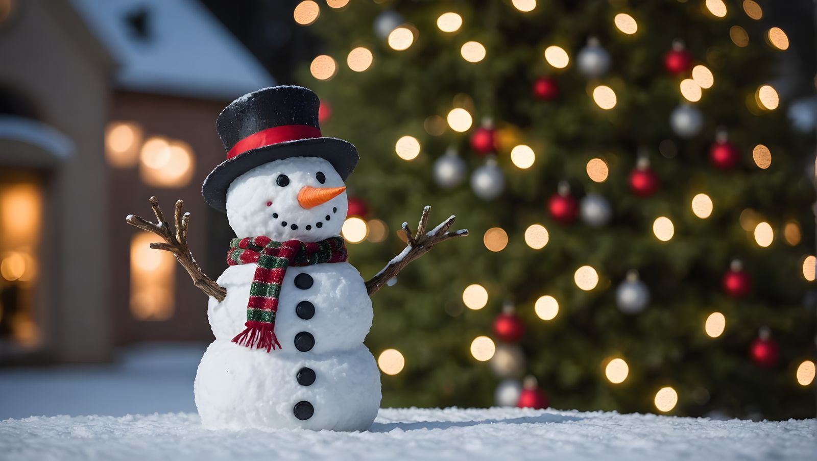 Surreal Winter Scene with a Snowman and Christmas Tree