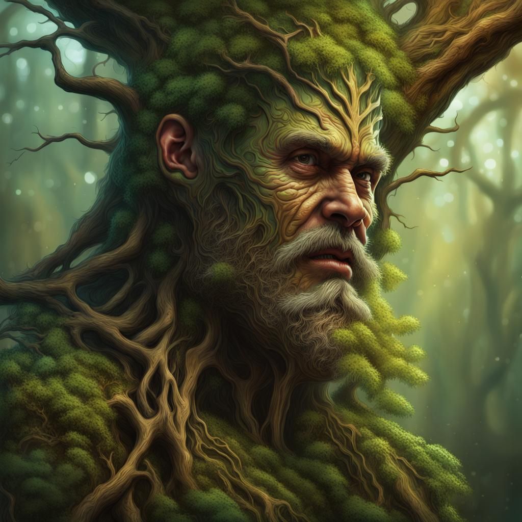 Tree Man Portrait in Enchanted Forest, Hyperrealistic Art
