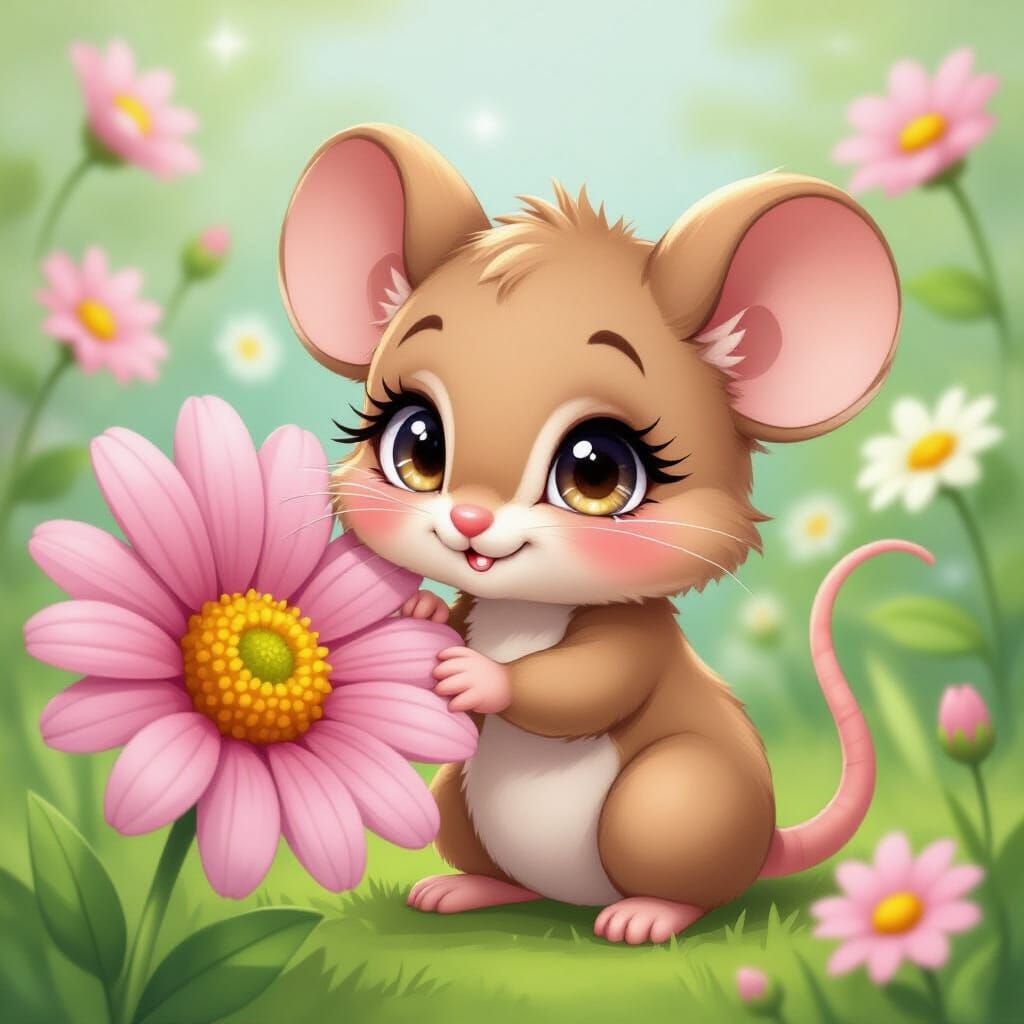 Chibi Mouse Hiding Behind Pink Daisy