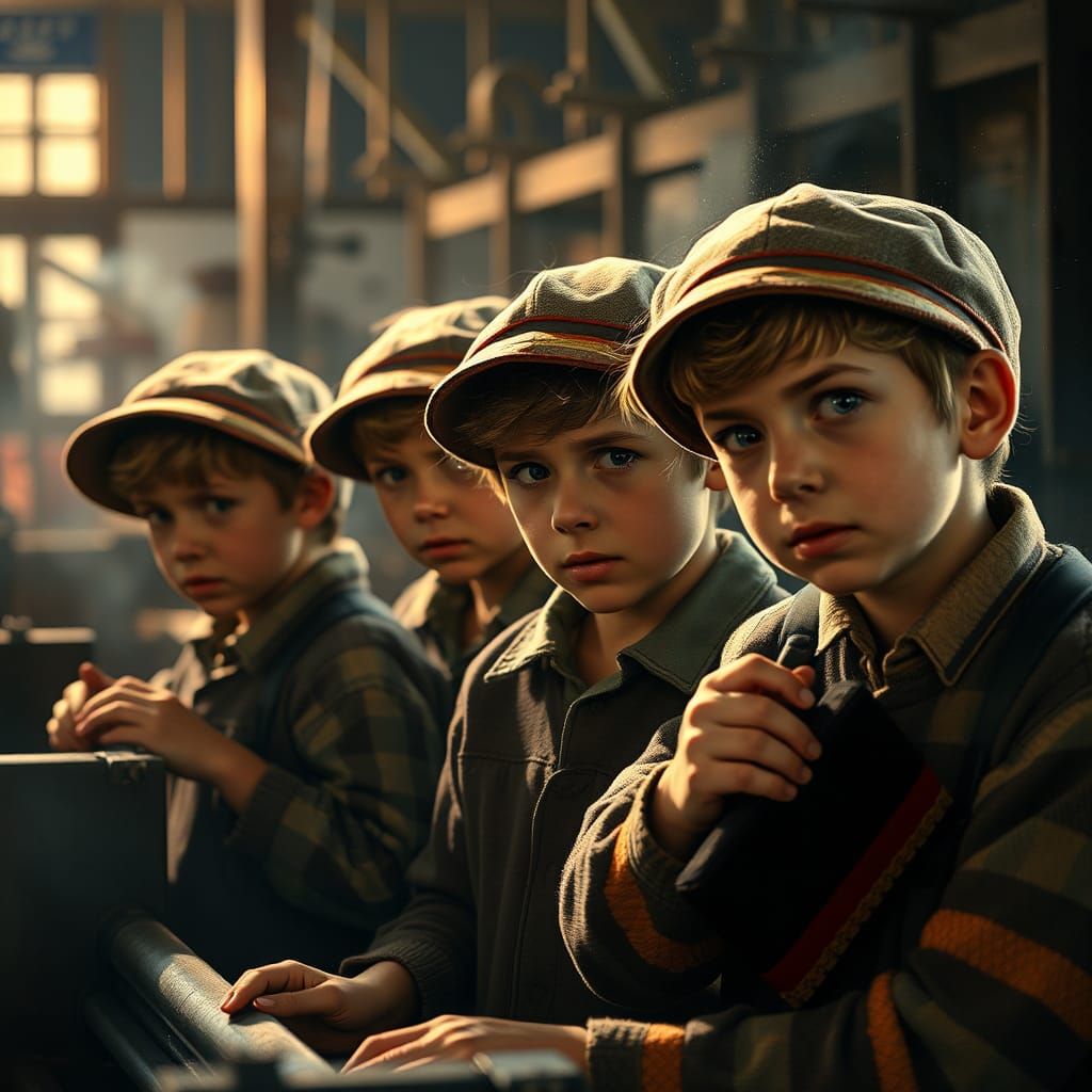 Child Factory Workers in 1930s: Hyperrealistic Splash Art
