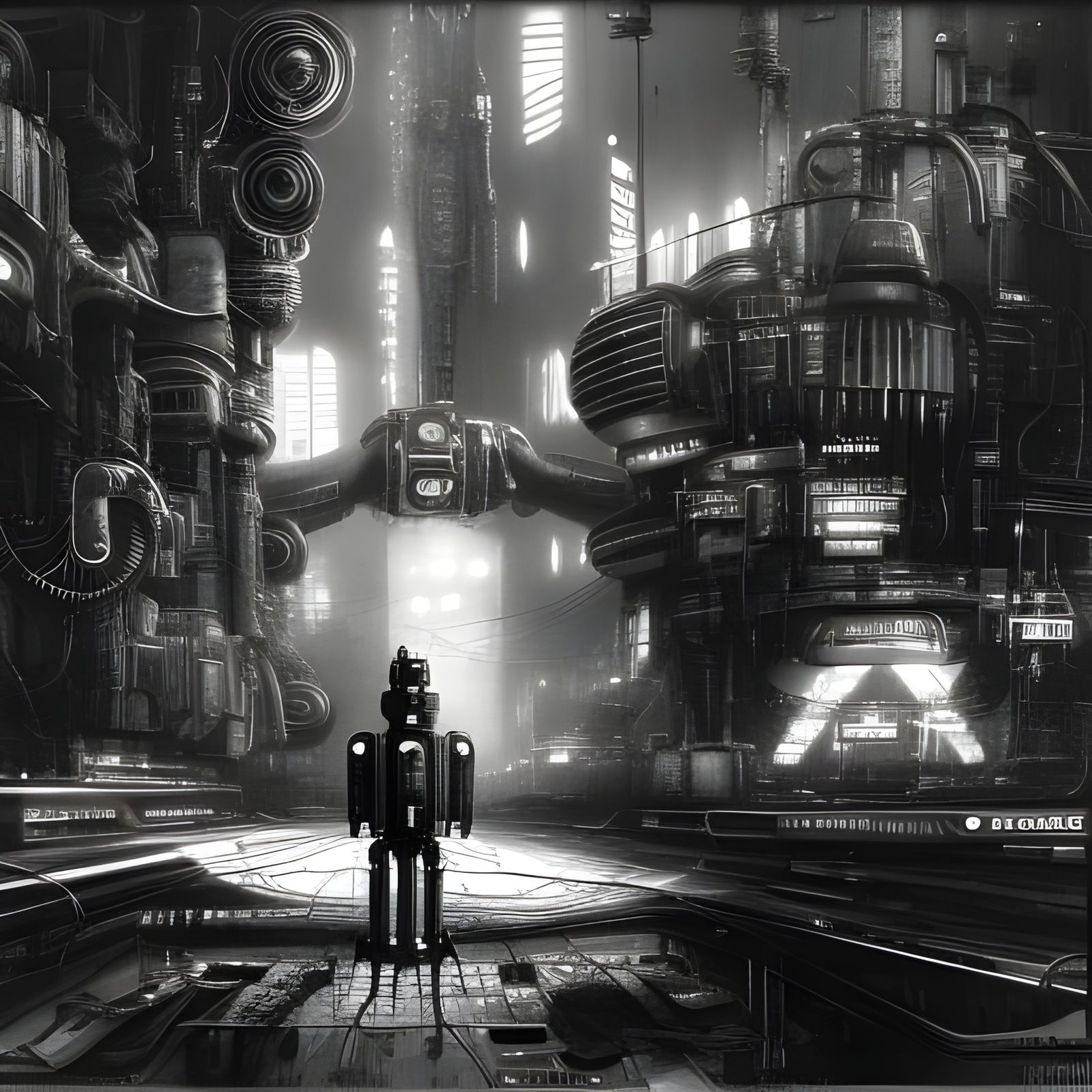 Vintage Cyberpunk Industrial Complex: Black and White Photo