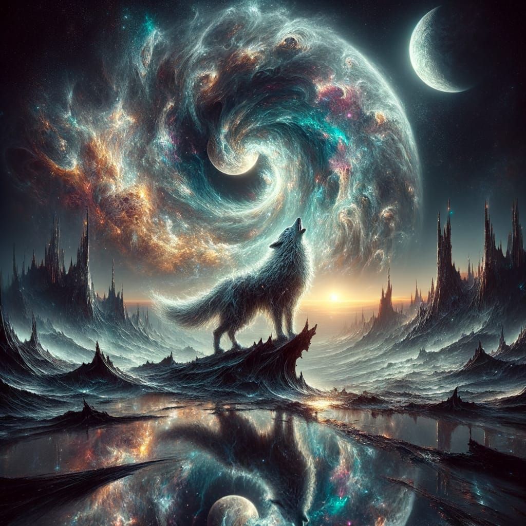Lone Wolf Howling at Double Moons in Cosmic Style