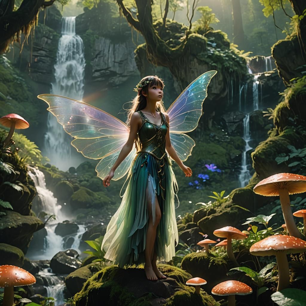Gorgeous Fairy in Enchanted Forest Waterfall Scene