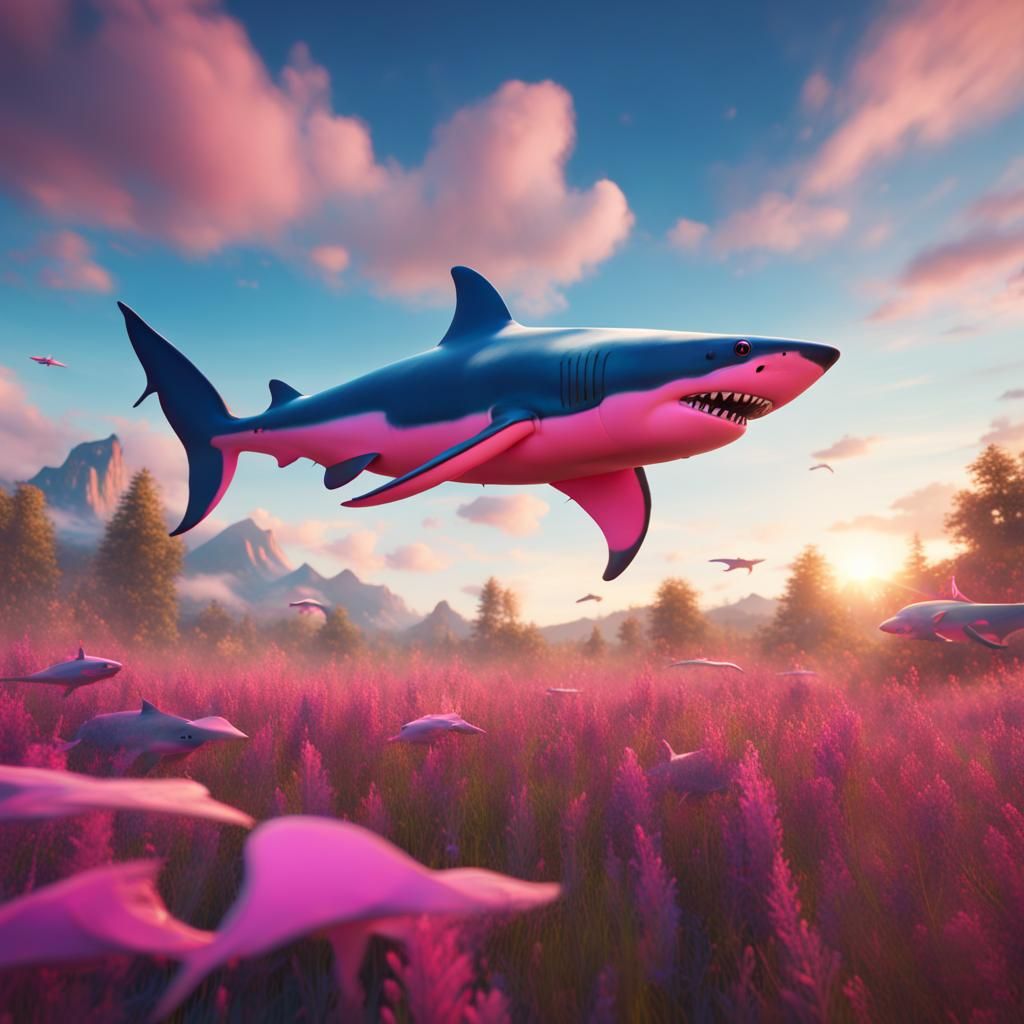 Pink Shark Flying Over Blue Meadow