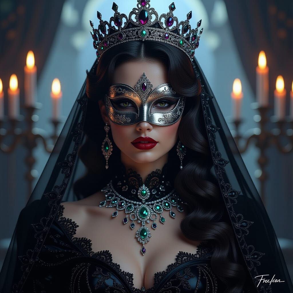 Mysterious Queen in Jeweled Gown and Silver Mask