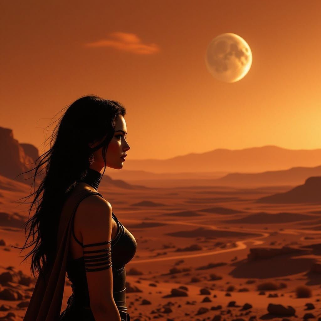 Red-Skinned Princess Gazes Over Martian Landscape