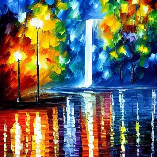 Waterfall at Night in Impressionist Style