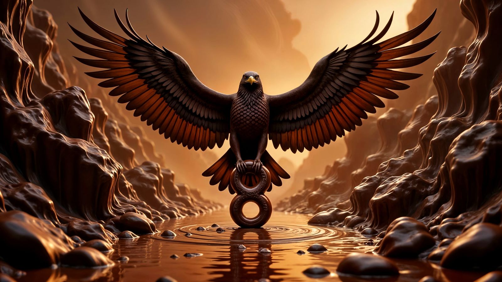 Chocolate Eagle Soars Over Molten River in 3D Style