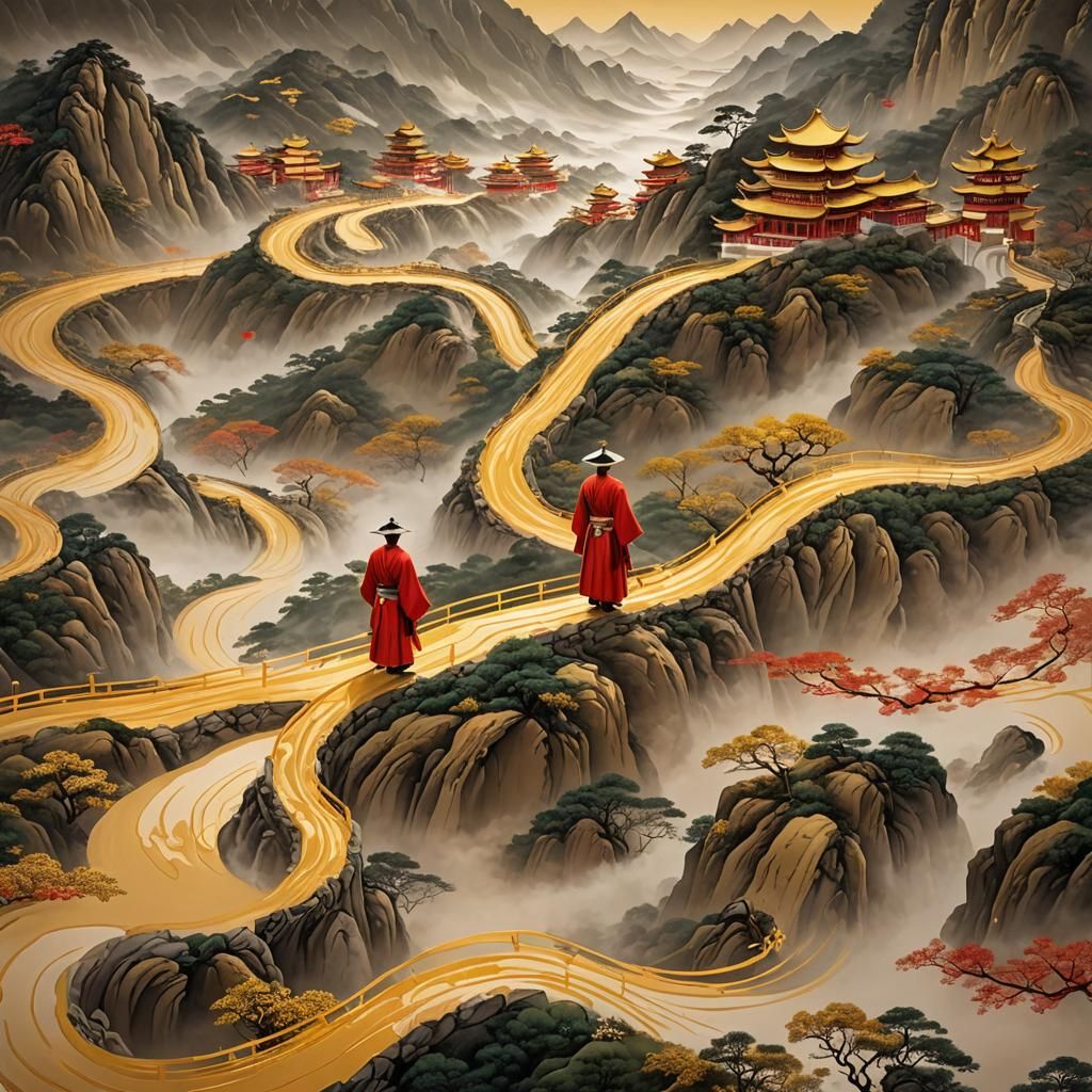 Golden Mountain Road with Man in Hanfu