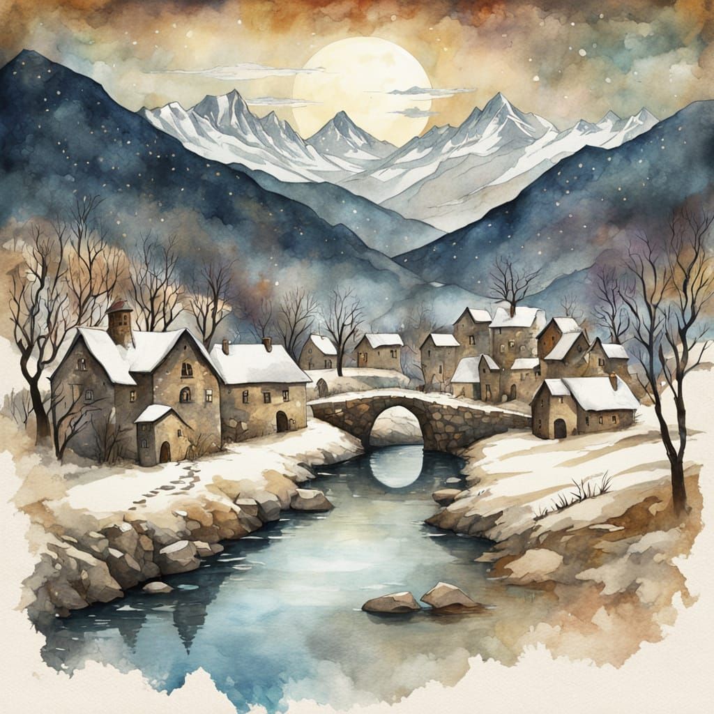 Whimsical Village in Watercolor on Aged Parchment