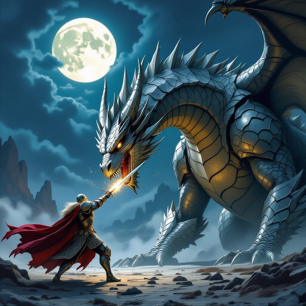 Knight Battles Dragon in Moonlit Medieval Scenery