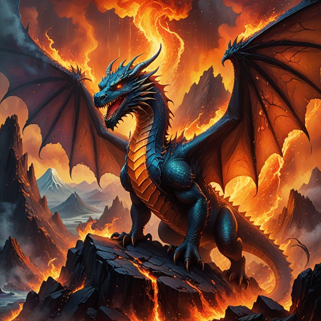 Dragon Escapes Volcano in Surreal Impressionism